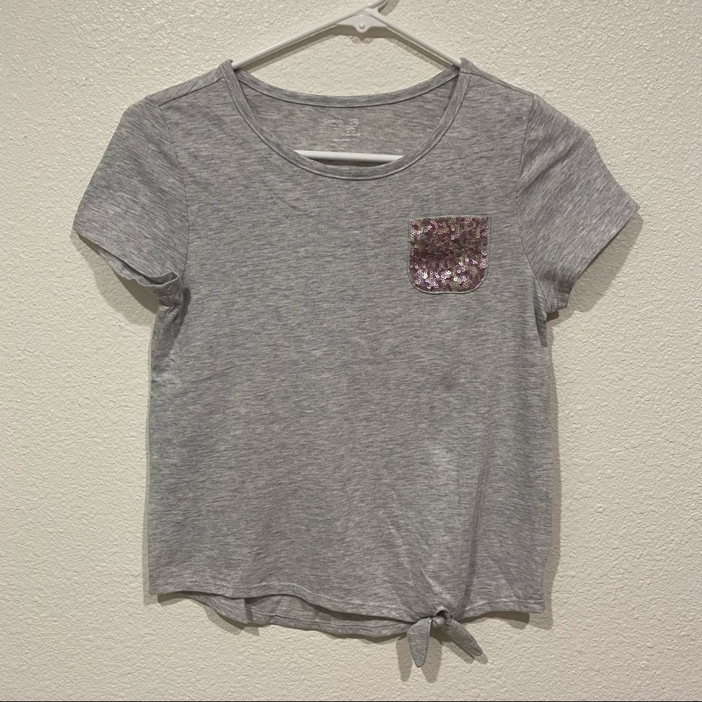 NWT Kids Gap Girls Gray White Sequin Pocket Bow Short Sleeve T-Shirt Size 13